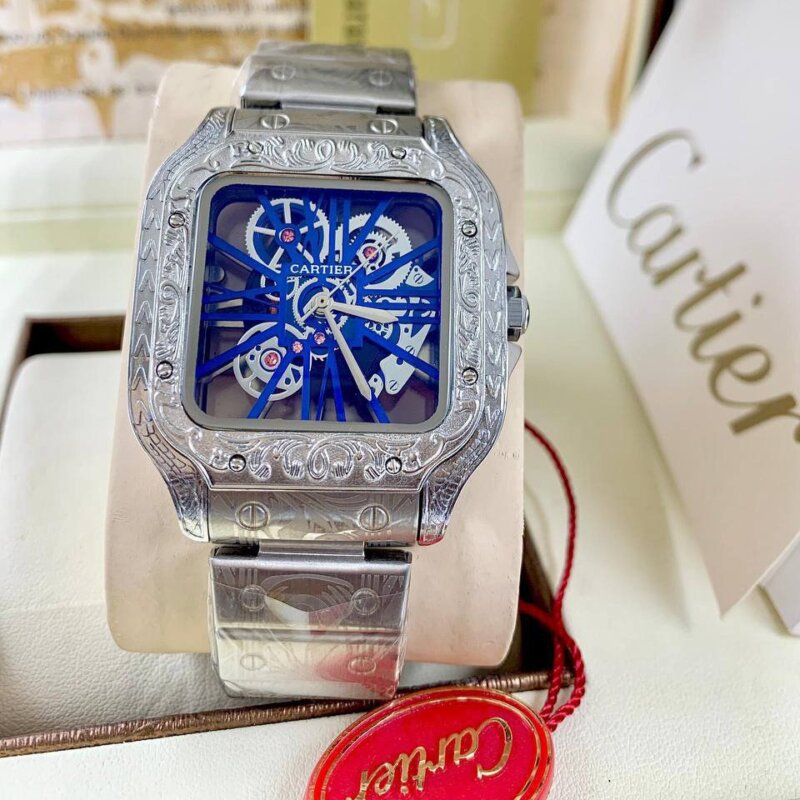 Engraved body Cartier transparent wristwatch (Silver and blue)