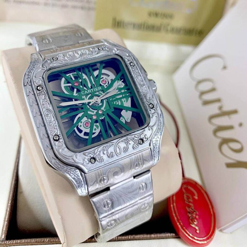 Engraved body, Cartier transparent wristwatch (Silver and green)