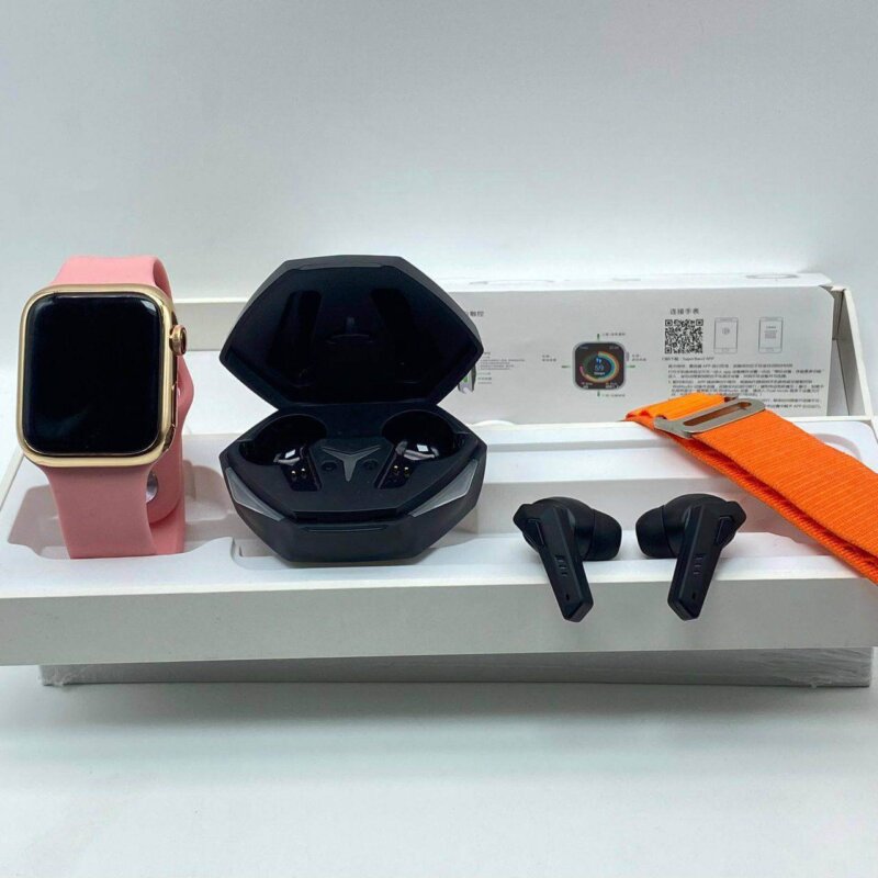 D7 promax smartwatch series 9 (pink), single orange strap Tesla pod
